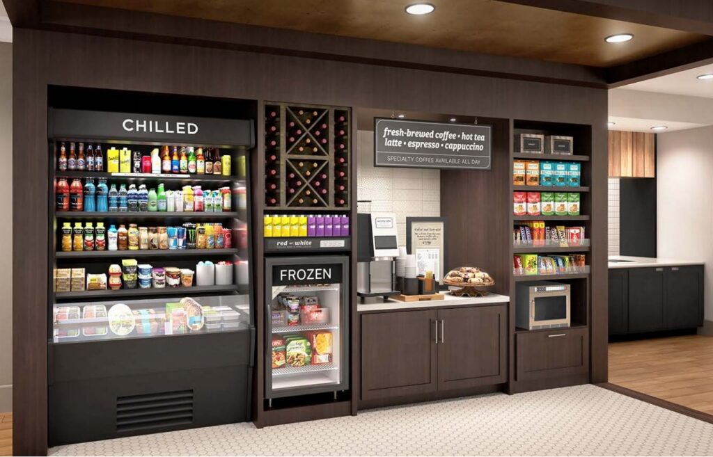Dark espresso hotel market millwork with cooler openings and wine rack